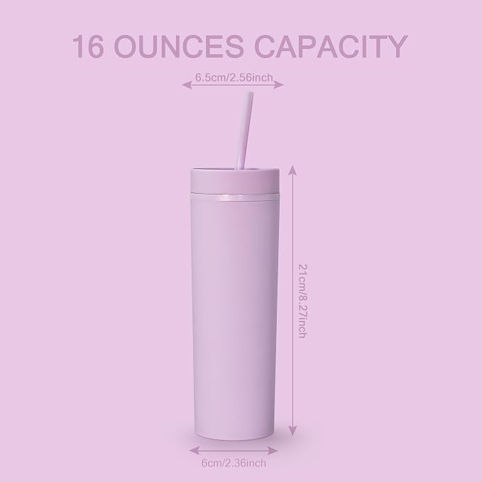 sweet grain Skinny Tumblers with Lids and Straws(6 Pack) - 16oz Matte Pastel Colored Skinny Acrylic Tumblers, Double Wall Plastic Tall Skinny Tumblers Bulk for Cold Hot Drinks - Purple