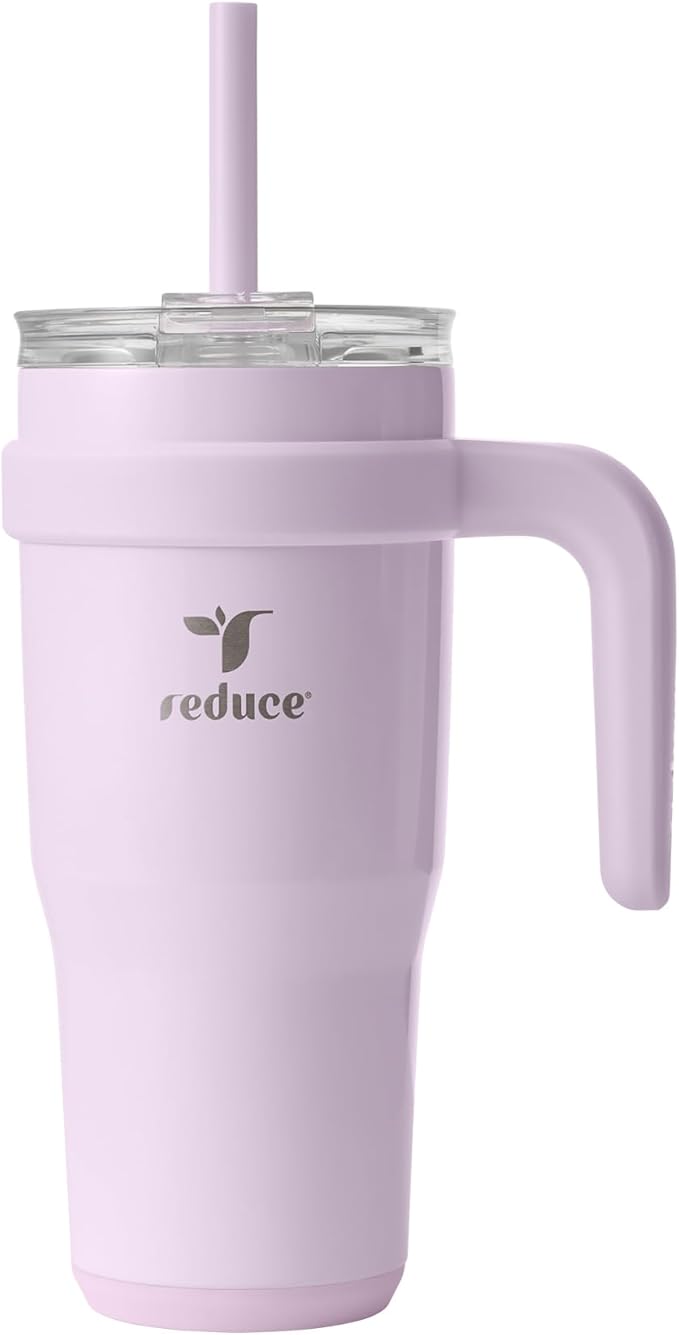 REDUCE 24 oz Stainless Steel Tumbler with Handle - Dual-Wall Vacuum Insulated Travel Mug, Sweat-Proof Lid & Reusable Straw - Keeps Drinks Cold for 24 Hrs, Fits Cupholders, Dishwasher Safe - Lilac Bud