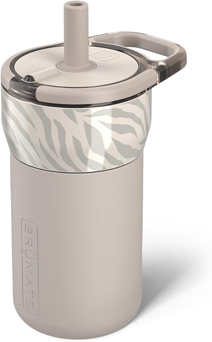 BrüMate Leap 12oz 100% Leakproof Kids Tumbler with Handle and Silicone Soft Straw | Drop Resistant Silicone Sleeve | For Kids 4+ | Insulated Stainless Steel | Cup Holder Friendly | 12oz (Zebra)