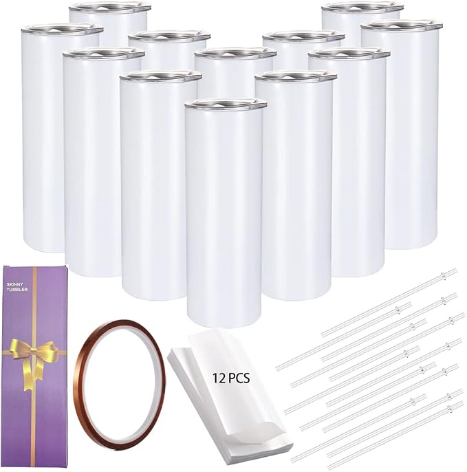 YOUKE OLA 12 Pack Straight Skinny Sublimation Tumblers 20oz for Heat Transfer, Bulk Sublimation Blanks Individually Boxed, Double Wall Insulated Tumbler with Shrink Films & Heat Tape, White (12)
