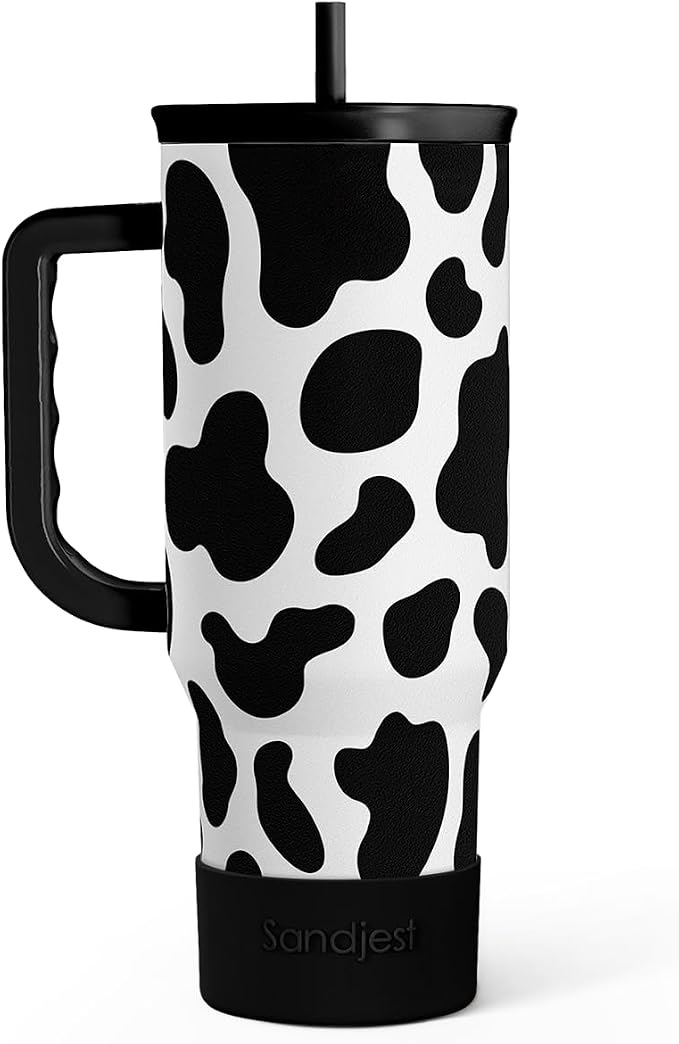 SANDJEST Cow Tumbler with Handle 40oz, Cow Print Cup Stainless Steel Tumblers Coffee Travel Cups with Slider Lid, Cow Gifts for Women Birthday Christmas Mothers Day