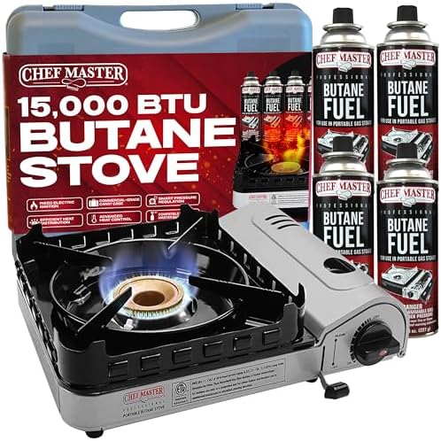 Chef Master Butane Camping Stove + 4x 8 oz Fuel, Backpacking, 15,000 BTU