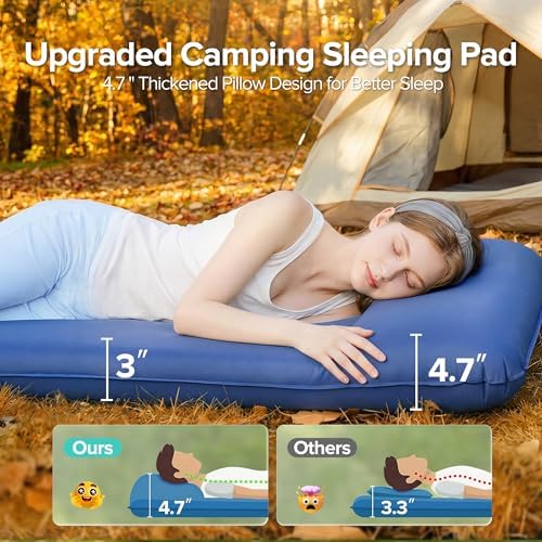 Self-Inflating Sleeping Pad for Camping, 3" Ultra-Thick Outdoor Camping Mat with Pillow & 9.5 R-Value, Insulated All-Season Foam Camping Mattress for Camping Travel Tent Car, Dark Blue
