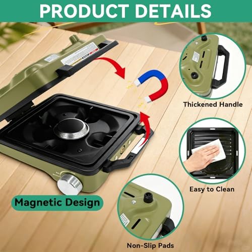 2 Burner Portable Camp Stove, 24000 BTU Propane Camping Stove with Windshield, Folding Gas Stove with Carry Bag, Compact Camping Essentials Gear for BBQ, Picnic, Outdoor Cooking, Grilling, Green