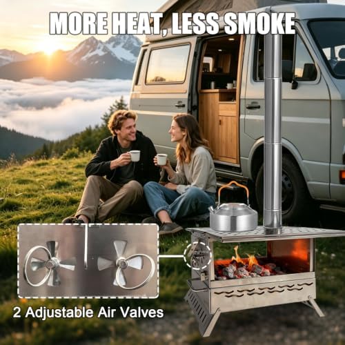 Camping Wood Burning Stove, Hot Tent Stove with Extra Baking Tray, Outdoor Stainless Steel Stove with 6 Chimney Pipes for Outdoor Camping, Cooking