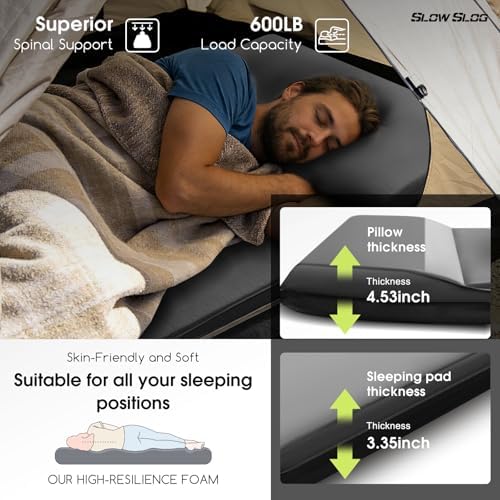 Self-Inflating Foam Camping Mattress with Built-in Pillow, 8cm Thick, Gray