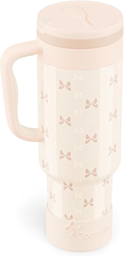 40 oz Insulated Tumbler with Handle and Push-Button Straw Lid, Stainless Steel Travel Cup for Gym Office, Leakproof, BPA-Free, Cup Holder Friendly, Bow Silicone Boot, Cream (Bow Cream)