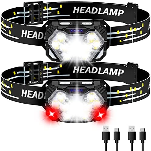 2000LM Ultra Bright 9 LED Headlamp, 2 Pack USB C Rechargeable Headlights, 10 Modes, Motion Sensor, Waterproof Head Lamp Flashlight with Red Light, Adjustable Headband for Adults Camping