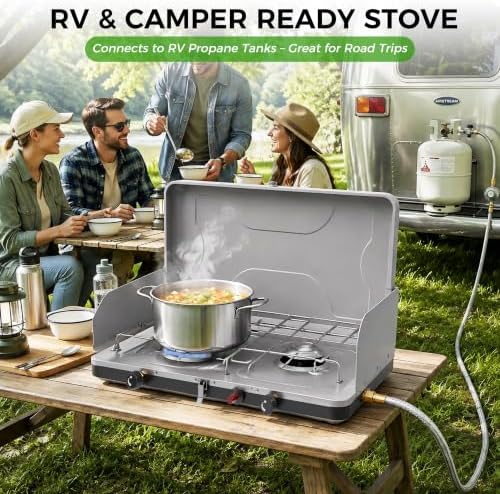 Dual Burner Propane Camping Stove, Portable Outdoor Stove with 22,000 BTU
