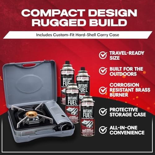 Chef Master Butane Camping Stove - Combo w/ 4x Fuel Canisters, 10,000 BTU