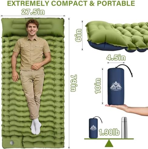 FUN PAC Camping Sleeping Pad, Ultralight Camping Mat with Pillow, Built-in Foot Pump Inflatable Sleeping Pads Compact for Camping Backpacking Hiking Traveling Tent,Single,Green