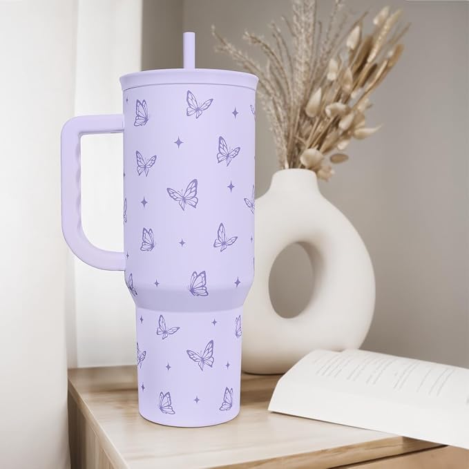 Butterfly Gifts for Women, Purple Butterfly Tumbler with Handle, Stainless Steel Insulated Coffee Travel Mug Cup, Gifts for Women Girls on Birthday Christmas, 40oz