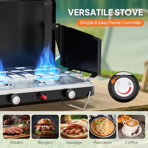 ROVSUN 3 Burner Portable Camping Stove with Igniter, 30000 BTU Propane Camp Stove with Adapter, Built-in Handle & Foldable Wind Panel for Outdoor Camping, Tailgating, Grilling