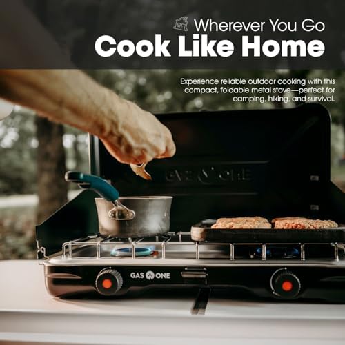 GasOne Portable Camping Stove – Double Propane Stove with Auto Twist Turn Ignition – 22,000 BTU Camping Cooktop with 2 Burners and Wind Guard – Ideal for Tailgating, Fishing, Travel