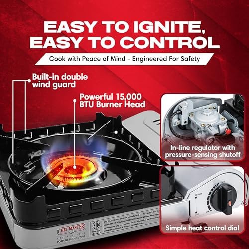 Chef Master Butane Camping Stove + 4x 8 oz Fuel, Backpacking, 15,000 BTU