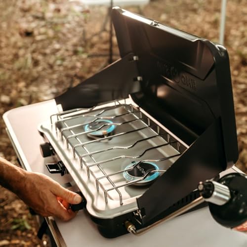 GasOne Portable Camping Stove – Double Propane Stove with Auto Twist Turn Ignition – 22,000 BTU Camping Cooktop with 2 Burners and Wind Guard – Ideal for Tailgating, Fishing, Travel