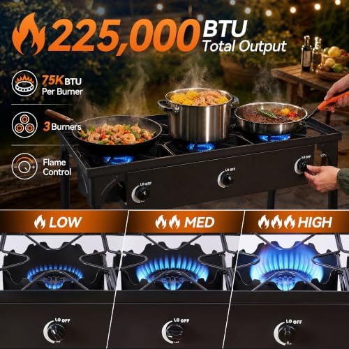 3 Burner Propane Stove, 225,000 BTU Outdoor Cooker