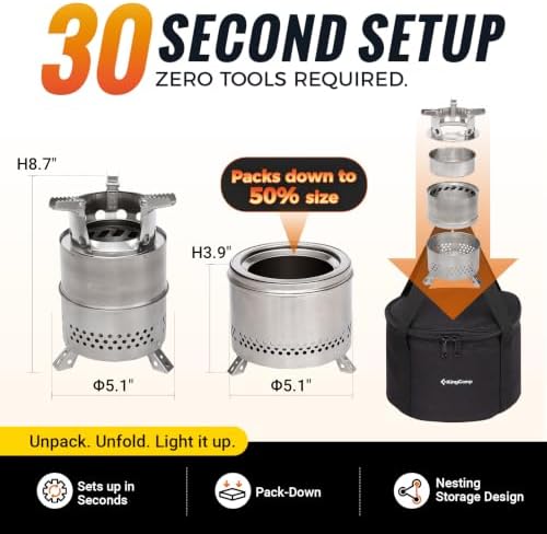 KingCamp Portable Camping Stove 304 Stainless Steel Wood Burning Stove