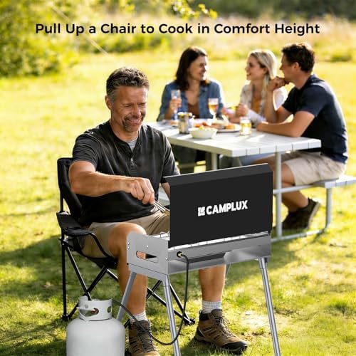 CAMPLUX 2 Burners & 1 Grill Propane Camping Stove, 15,000 BTU Portable Outdoor Propane Camping Grill Burner with Free Standing Legs, Auto-Ignition Gas Stove with Regulator, Black