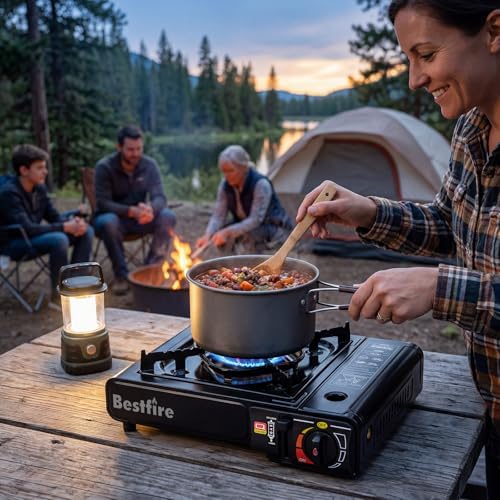 BESTFIRE Portable Camping Stove - 10 000 BTU Dual Fuel Propane and Butane with Adapter & Carrying Case Single Burner Gas for Outdoor Cooking Gear Essentials Tailgating Survival Kit