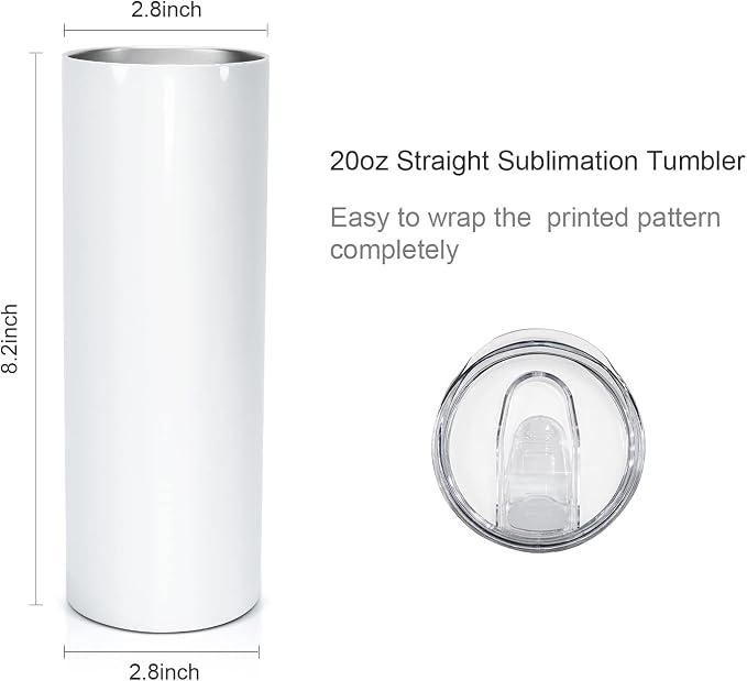 AGH 50 Pack Sublimation Tumblers Blank 20 OZ Straight Skinny Tumbler with Straw, Stainless Steel Double Wall Insulated Tumbler for Tumbler Press Machine