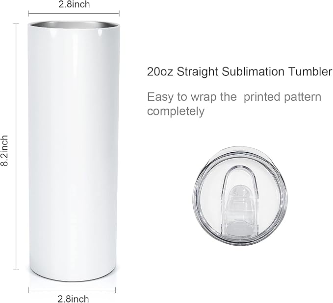 AGH 50 Pack Sublimation Tumblers Blank 20 OZ Straight Skinny Tumbler with Metal Straw, Stainless Steel Double Wall Insulated Tumbler for Tumbler Press Machine