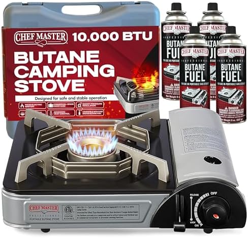 Chef Master Butane Camping Stove - Combo w/ 4x Fuel Canisters, 10,000 BTU