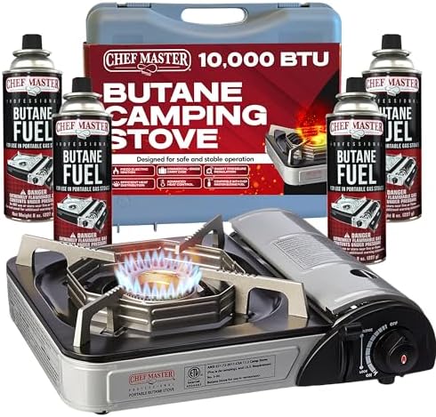 Chef Master Portable Butane Stove Combo for Camping - Stove + 4x 8oz Butane - 10,000 BTU Countertop Gas Burner w/Piezo Ignition - Good for Indoor & Outdoor Cooking w/Wind Guard & Carry Case - 90011