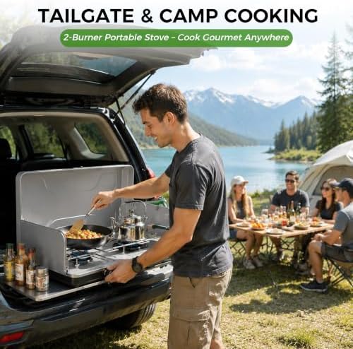 Dual Burner Propane Camping Stove, Portable Outdoor Stove with 22,000 BTU