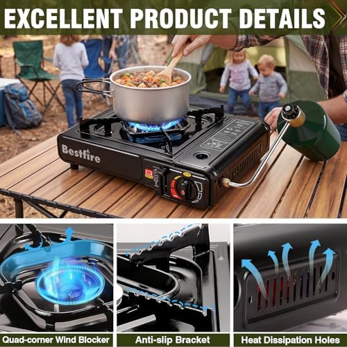 BESTFIRE Portable Camping Stove - 10 000 BTU Dual Fuel Propane and Butane with Adapter & Carrying Case Single Burner Gas for Outdoor Cooking Gear Essentials Tailgating Survival Kit