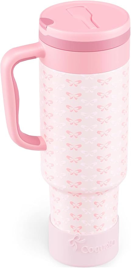 40 oz Insulated Tumbler with Handle and Push-Button Straw Lid, Stainless Steel Travel Cup for Gym Office, Leakproof, BPA-Free, Cup Holder Friendly, Bow Silicone Boot, Pink (Coquette Blush)