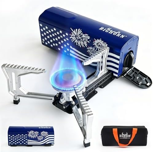 BIG HORN OUTDOORS Butane Camping Stove, Portable Folding Gas Burner with Carry Bag for Camping, Emergency Use, Outdoor Cooking & 4th of July Parties