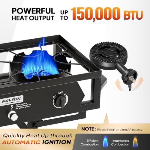 ROVSUN 2 Burner Foldable Gas Stove with Side Table, 150,000 BTU Portable Propane Stove with Ignition & Regulator for Camping Home Backyard Cooking Brewing Canning Turkey Frying