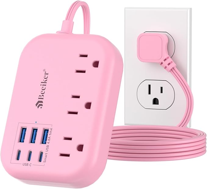 6 USB Pink Power Strip- 5Ft Pink Extension Cord