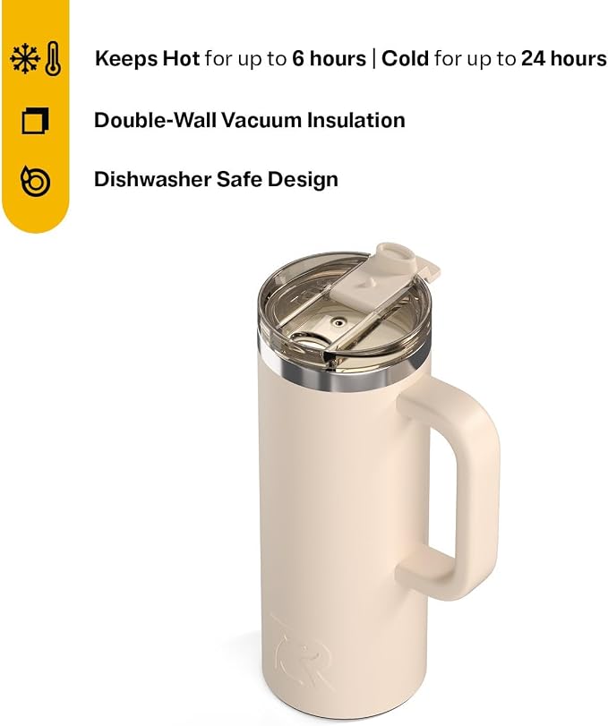 RTIC 20oz Road Trip Travel Mug with Lid and Handle, Ceramic Lined, Insulated, Stainless Steel, Metal, Double Wall Vacuum-Insulation, Portable Coffee, Tea Cup for Hot and Cold Drink, Beach