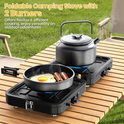 Camping Stove 2 Burner 20000 BTU, Folding Propane Stove with Carrying Bag