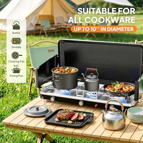 ROVSUN 25000 BTU Propane Camping Stove with Igniter, 3 Burner Portable Camp Stove with Adapter, Built-in Handle & Foldable Wind Panel for Outdoor Camping, Tailgating, Grilling