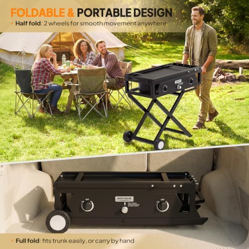 ROVSUN 2 Burner Foldable Gas Stove with Side Table, 150,000 BTU Portable Propane Stove with Ignition & Regulator for Camping Home Backyard Cooking Brewing Canning Turkey Frying
