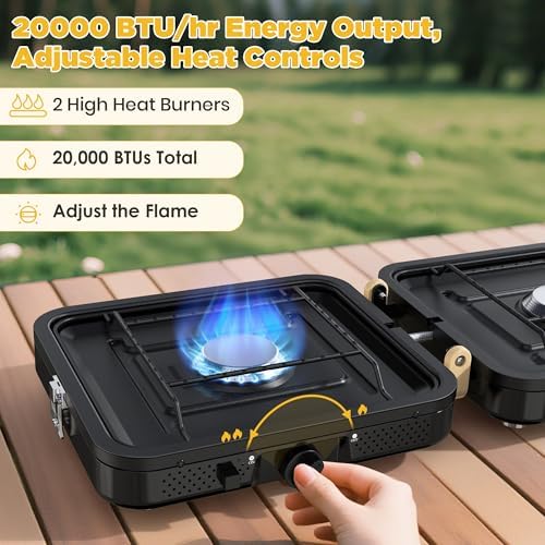 Camping Stove 2 Burner 20000 BTU, Folding Propane Stove with Carrying Bag