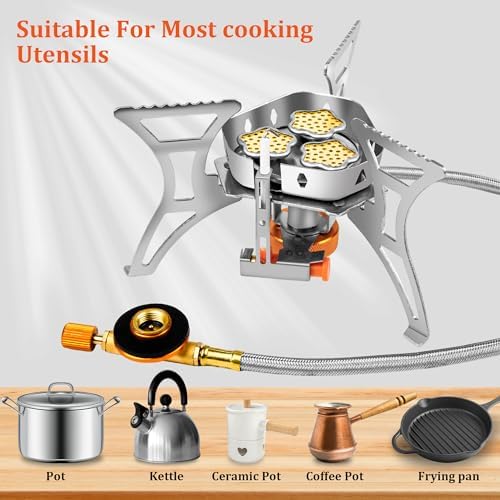 6800W Camping Backpacking Stove, Outdoor Portable Burner Cooking Stove with Fuel Canister Adapter, Piezo Ignition, Carry Case, Foldable Windproof Camping Gas Stove for Picnic Hiking