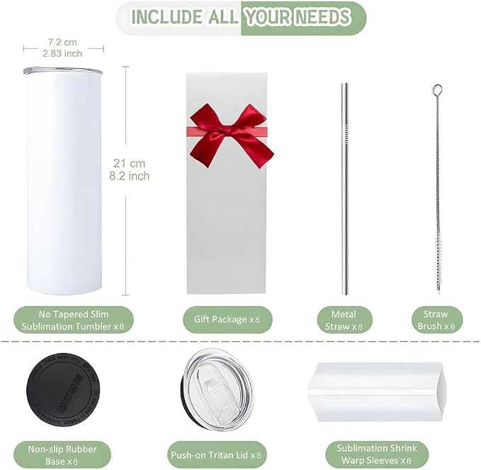 Sublimation Tumblers, 20 oz Skinny Straight Sublimation Tumbler with Lids and Straws Bulk (8 Pack)