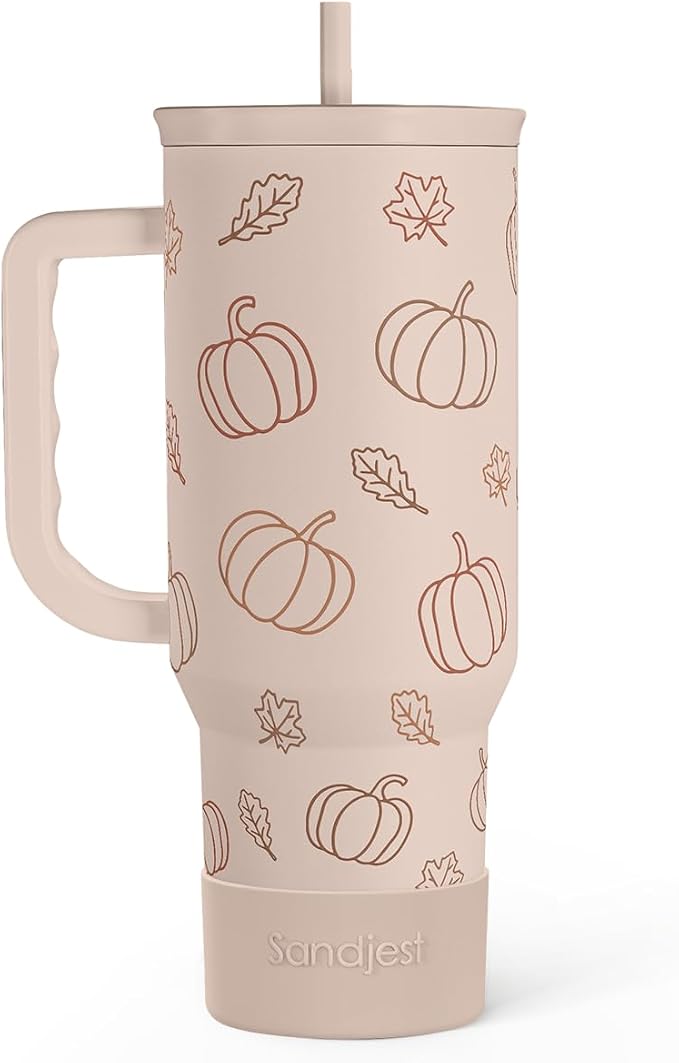 SANDJEST Pumpkin Tumbler with Handle and Straw 40oz – Stainless Sleel Slider Tumbler Travel Coffee Mug for Women - Gift Idea for Fall Autumn Halloween