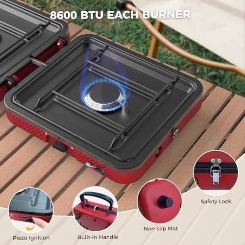 CAMPLUX FoldGo 2 Burner Portable Camping Stove 17,200 BTU, Foldable Propane Stove for Outdoor Cooking with Carry Bag, Portable Gas Stove with 2 Adjustable Burners, Red