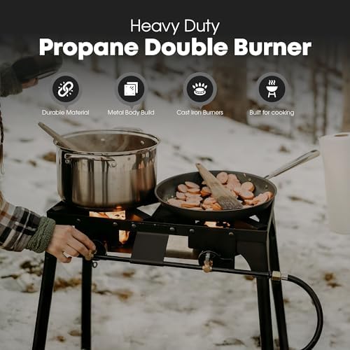 GasOne Double Propane Burner with Adjustable Height 4-Tier Removable Legs for Outdoor Cooking – High Pressure Camping Accessories Camp Stove – Cast Iron Portable Stove Top - Patent Pending