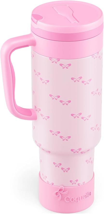 40 oz Insulated Tumbler with Handle and Push-Button Straw Lid, Stainless Steel Travel Cup for Gym Office Leakproof, BPA-Free, Cup Holder Friendly, Bow Silicone Boot, Pink (Coquette Bubblegum)
