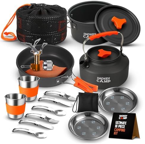 Smokey Camp Camping Cookware Mess Kit Set with Stove - Backpacking Camping Pots and Pans Set, All in One Non-Stick Camping Cooking Set, Portable Stove, Hiking, Picnic, Outdoor & Camping Cookware Set