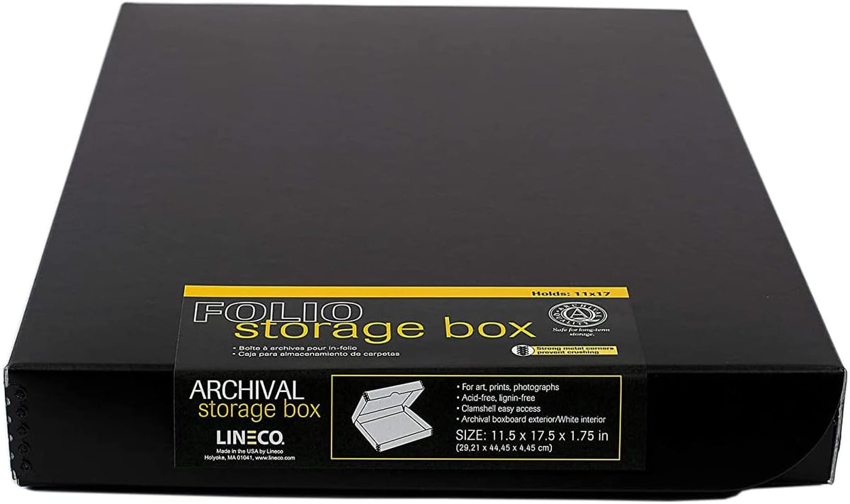 Lineco Folio Storage Box, Clamshell Design with Metal Edge. 11.5x17.5x1.75 Inches, Archival Boxboard, Preserve Photos, Cards, Magazines, Documents, Art, Ephemera, Family Records, Black, Pack of 2