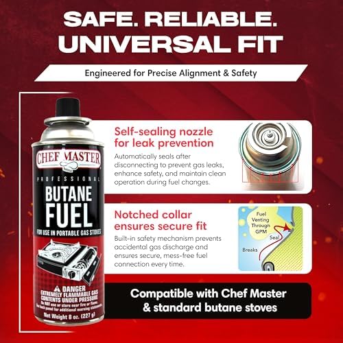 Chef Master Butane Fuel Canister, Camp Stove & Torch Refill, 8 oz, 24-Pack