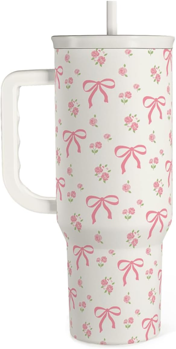 Bow Tumbler with Handle 40oz, Stainless Steel Insulated Tumblers Coffee Travel Cup with Slider Straw Lid, Gifts for Women Teen Girls Birthday