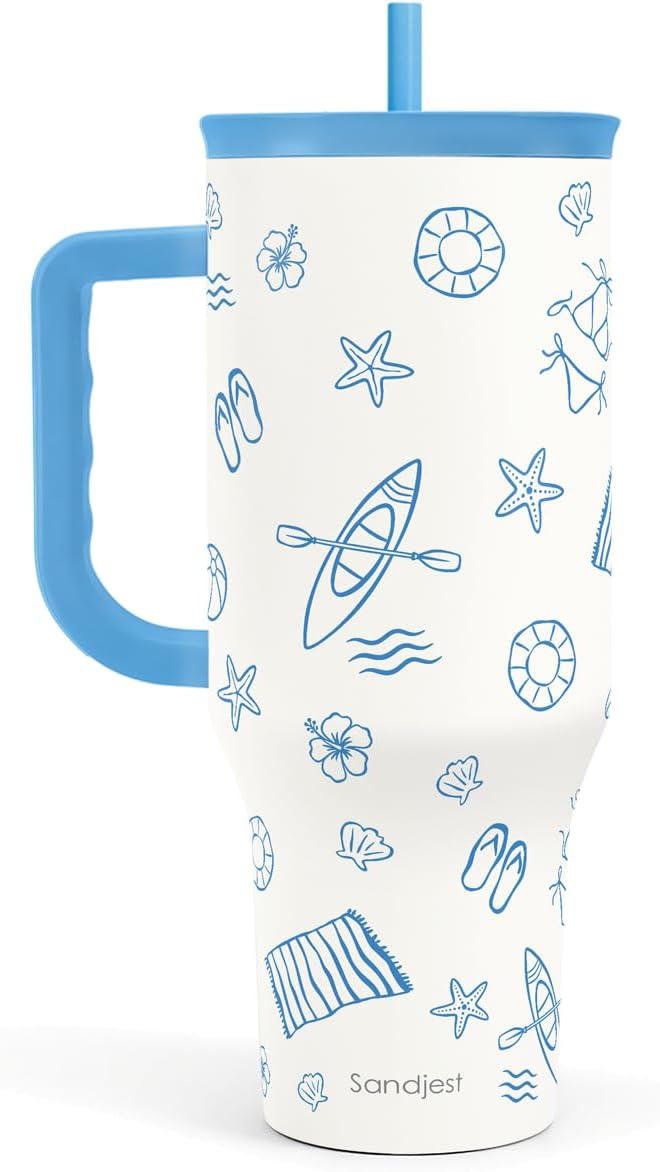 SANDJEST Beach 40oz Tumbler with Handle and Straw, Insulated Stainless Steel Travel Coffee Mug for Women Girls Beach Lovers, Gift Idea for Birthday Christmas Mothers Day Summer Vacation (Blue)